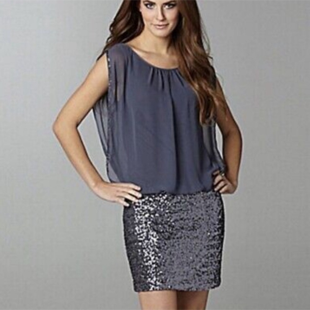 Aidan by Aidan Mattox Silver Blouson Sequin Mini Dress Size 2